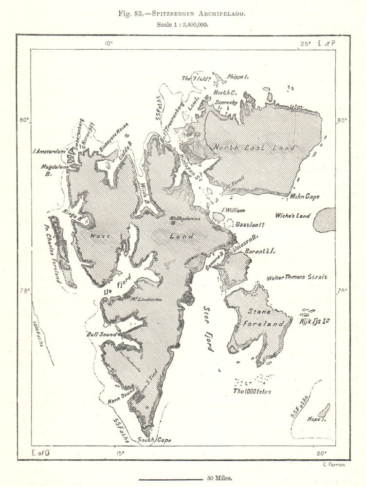 Spitsbergen Archipelago. Svalbard Norway arctic. Sketch map 1885 old